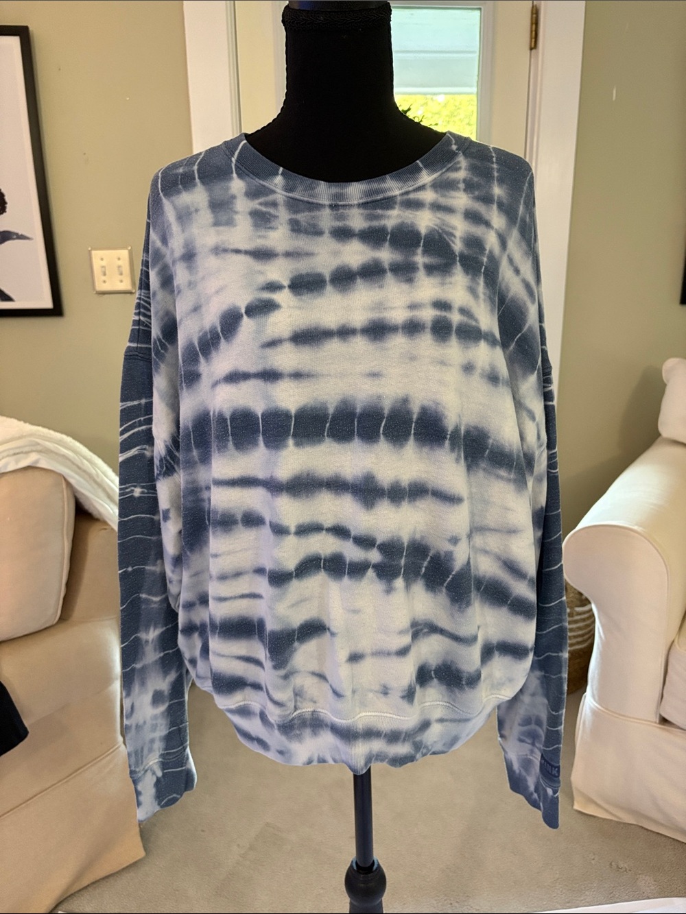 PINK Victoria's Secret Blue and White Tie-Dye Crewneck Sweater